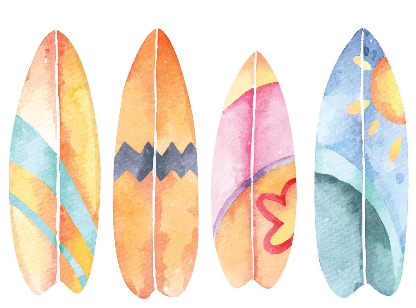 Hand drawn watercolor surf board.Hello summer.Water extreme sports. vector
