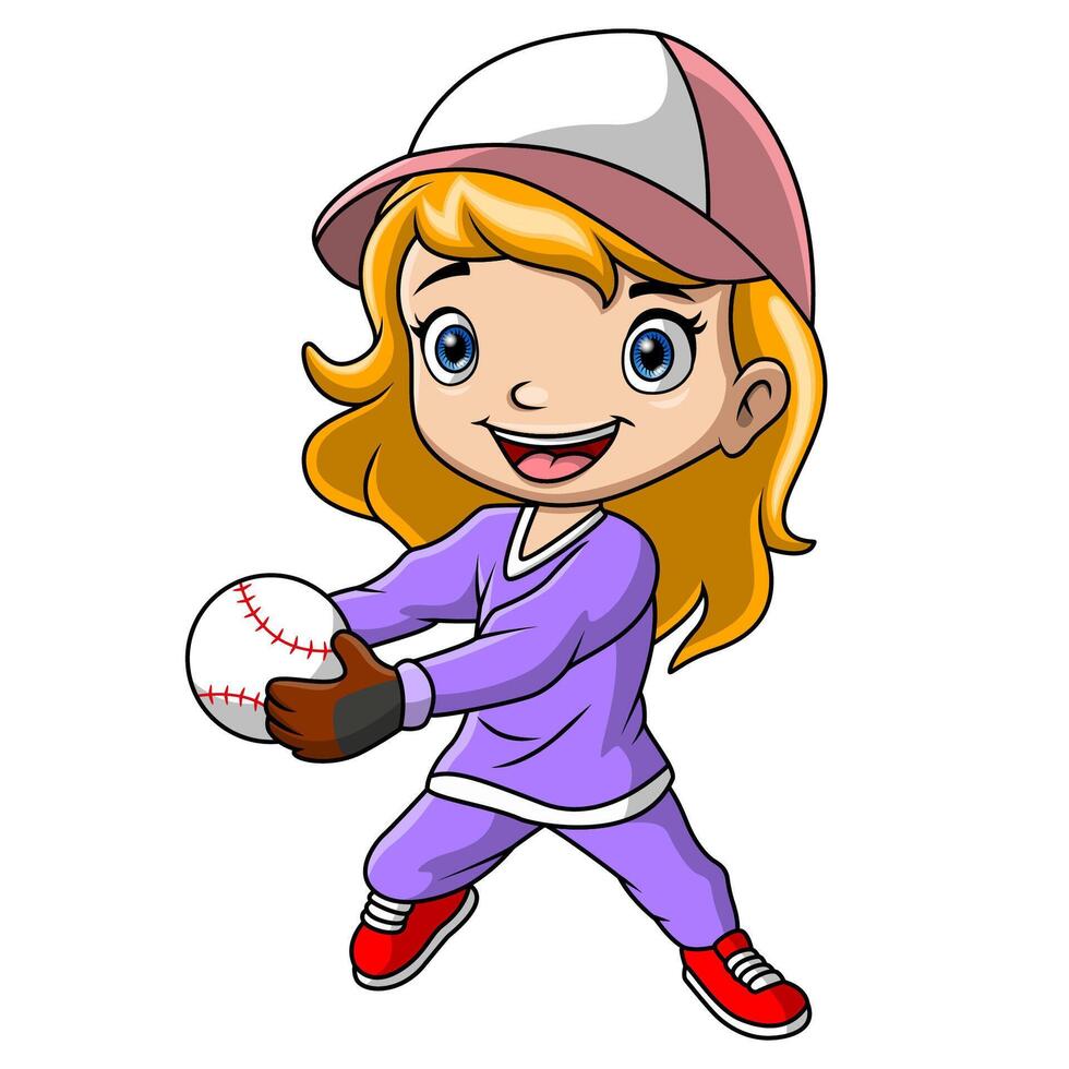 linda pequeño niña dibujos animados jugando un béisbol vector