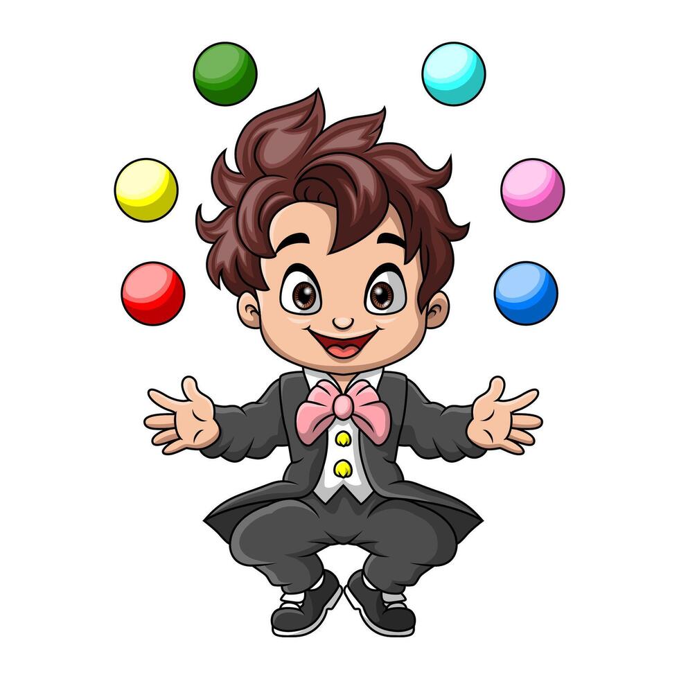 Cute little magician cartoon juggling colorful balls vector