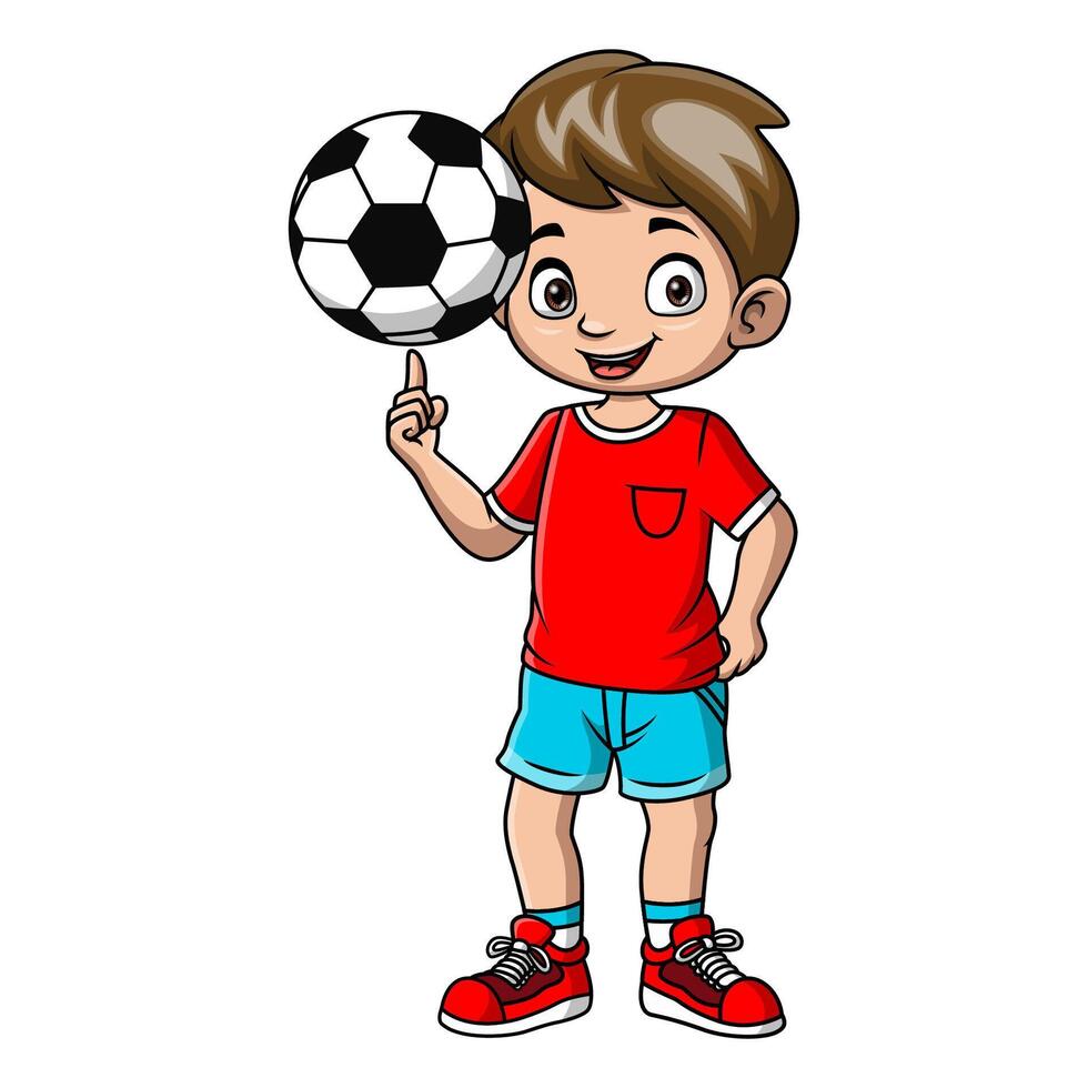 linda pequeño chico dibujos animados con fútbol pelota vector