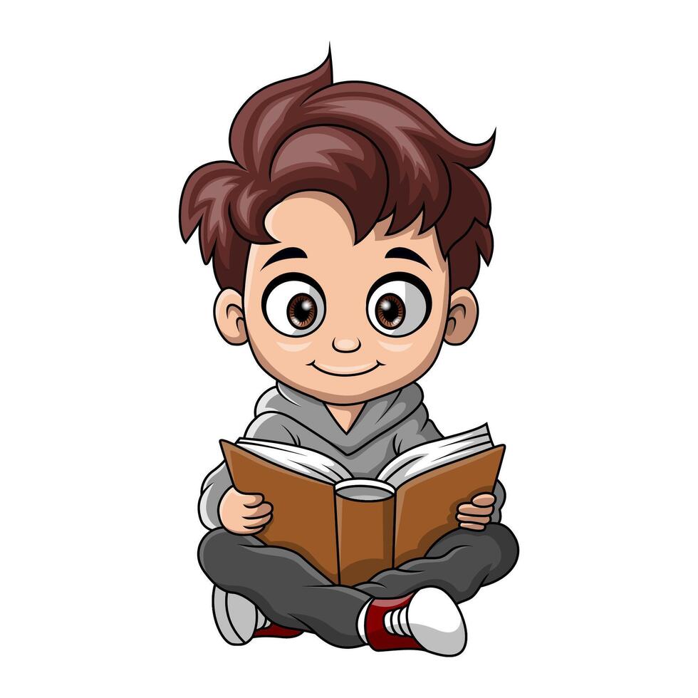 linda pequeño chico dibujos animados sentado y leyendo un libro vector