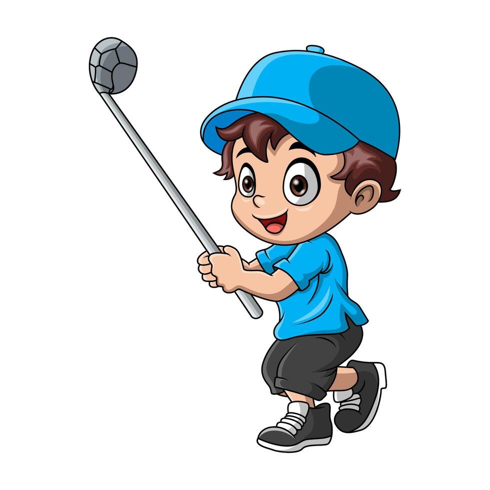linda pequeño chico dibujos animados jugando golf vector