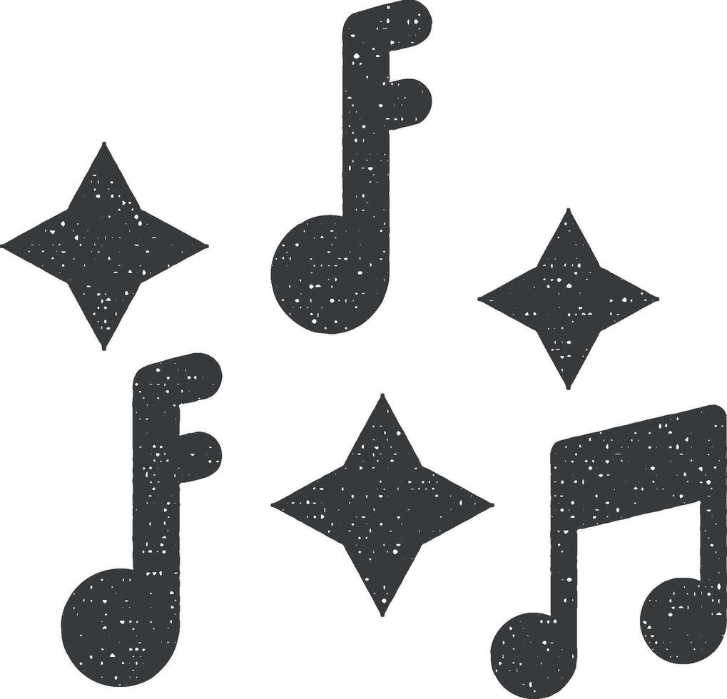 Music festival, music notes, quaver, stars icon vector illustration in stamp style