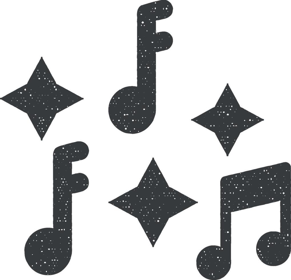 música festival, música notas, temblor, estrellas icono vector ilustración en sello estilo