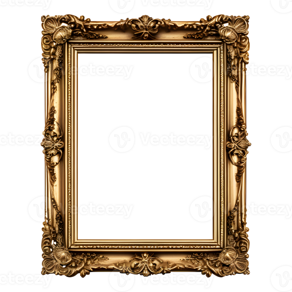 AI generated Antique Gold Picture Frame Isolated on Transparent Background png