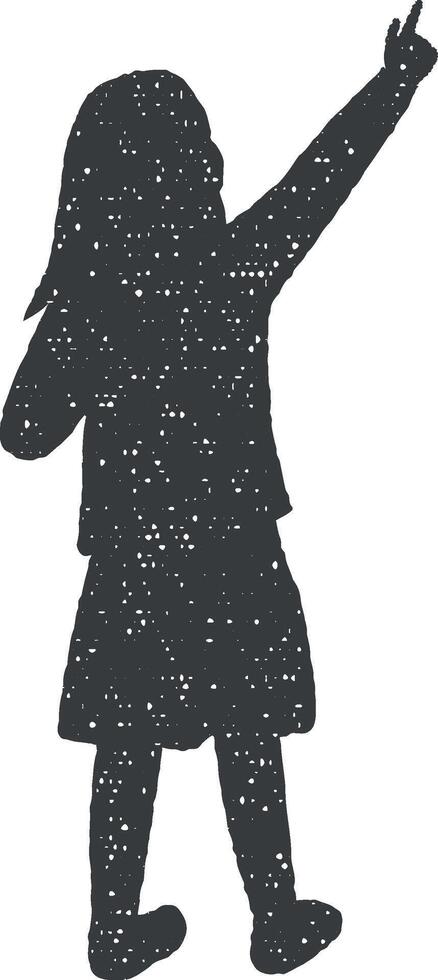 girl pointing silhouette icon vector illustration in stamp style