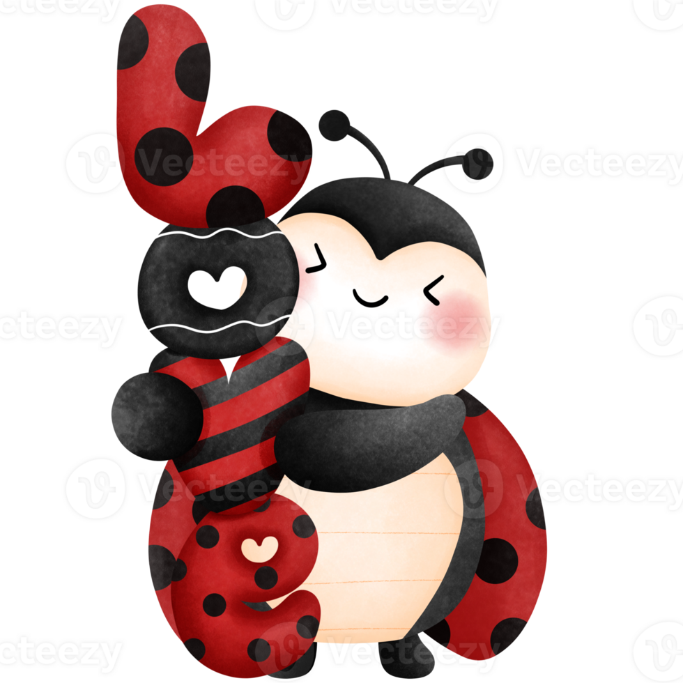 Cheerful ladybug with love letters watercolor clipart, Love bug, Romantic ladybird clip art. png