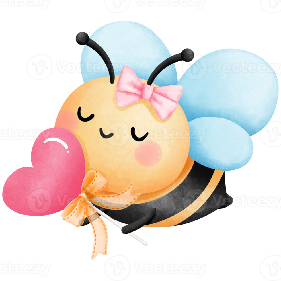 Valentine honeybee with heart shaped candy clipart, Watercolor illustration with cute bee and valentines dessert. png