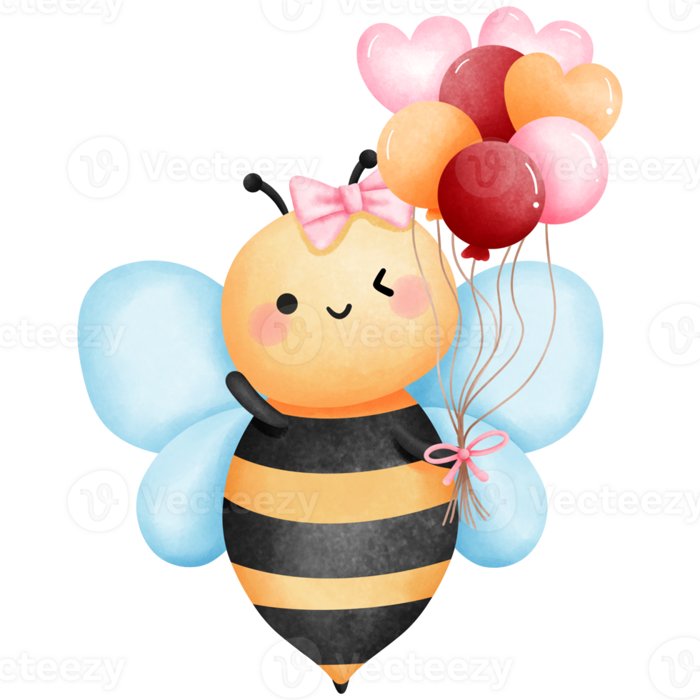 Bee and balloons flying in a joyful clipart, Watercolor honeybee illustration for valentines day gift. png