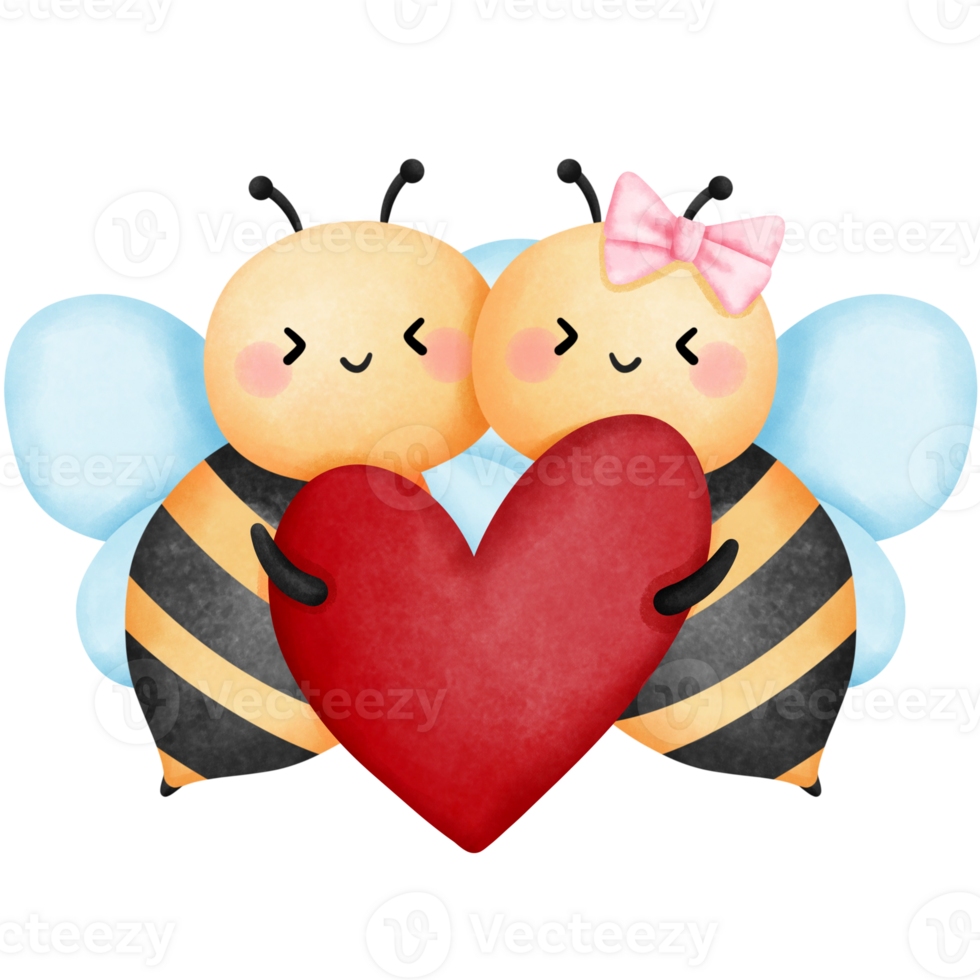 Couple bee with red heart clipart, Watercolor honeybee in love illustration. png