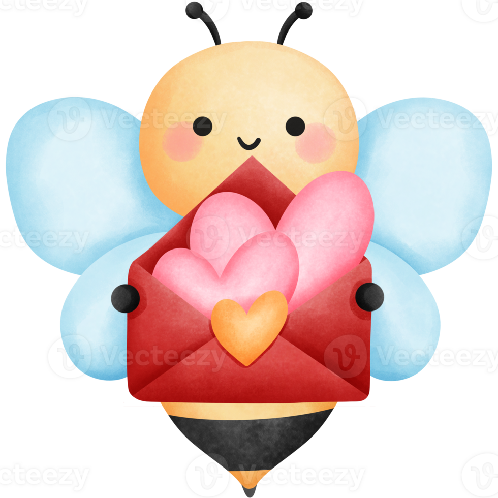 Little bee holding a red envelope with pink hearts clipart, cute honeybee watercolor illustration with love letters. png