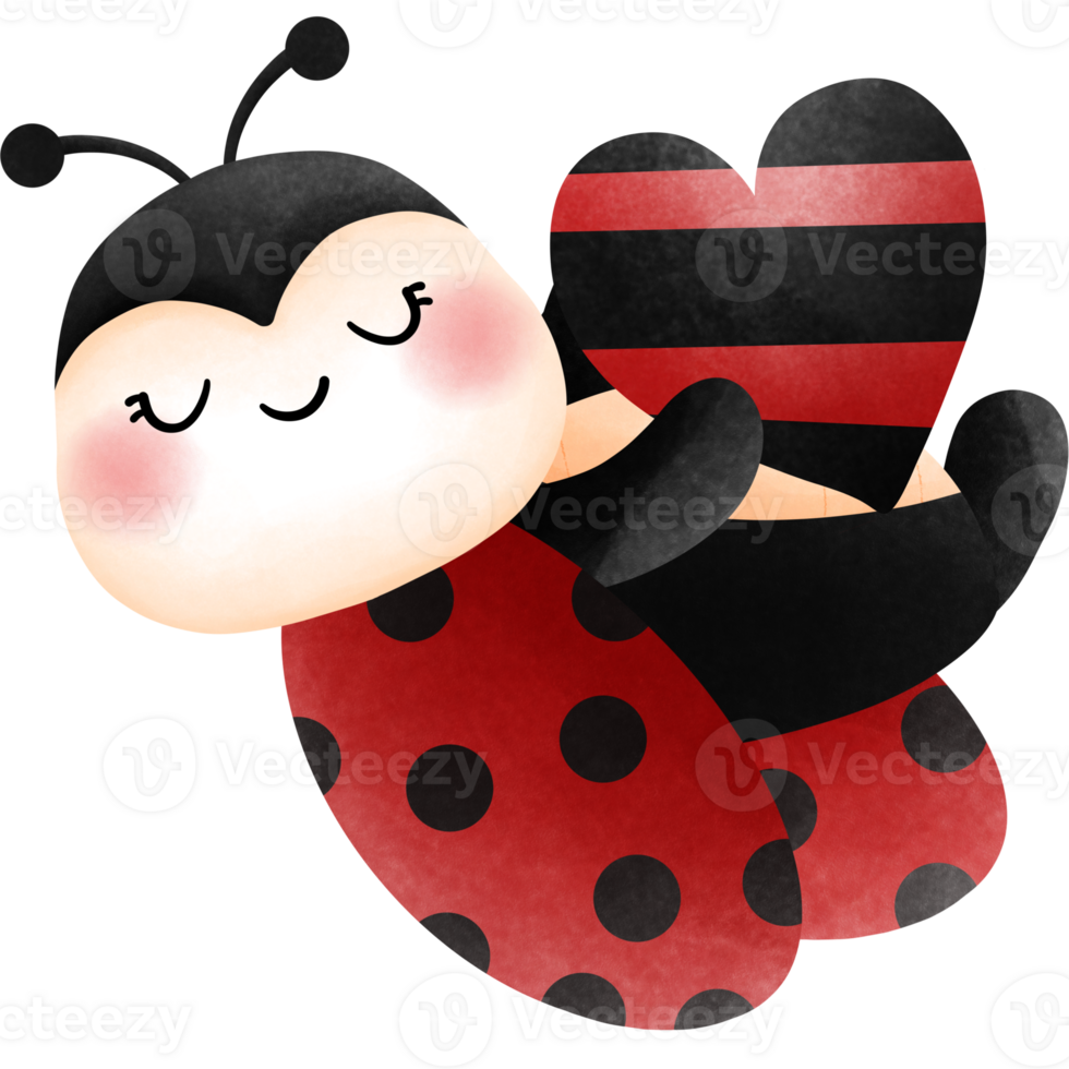 Playful ladybug with red heart watercolor clipart, Adorable valentine baby animal lovers illustration. png