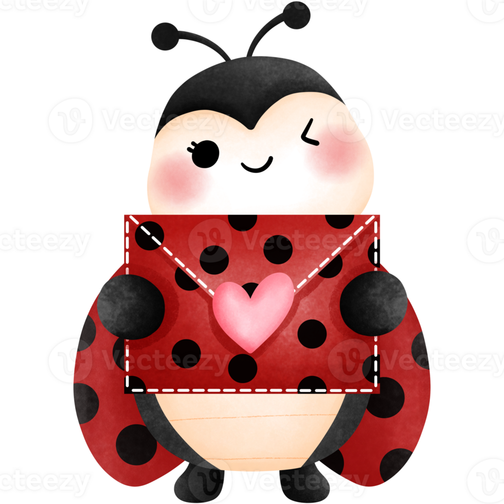 allegro acquerello coccinella con rosso amore lettera clipart, amore insetto, carino coccinella con posta. png