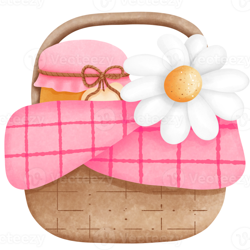 Watercolor pink basket of honey jar and daisy flower illustration, Rustic charm and natural beauty. png