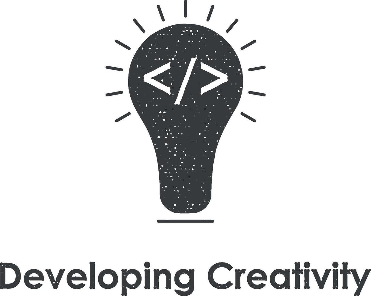 developing creativity, bulb, codding vector icon illustration with stamp effect