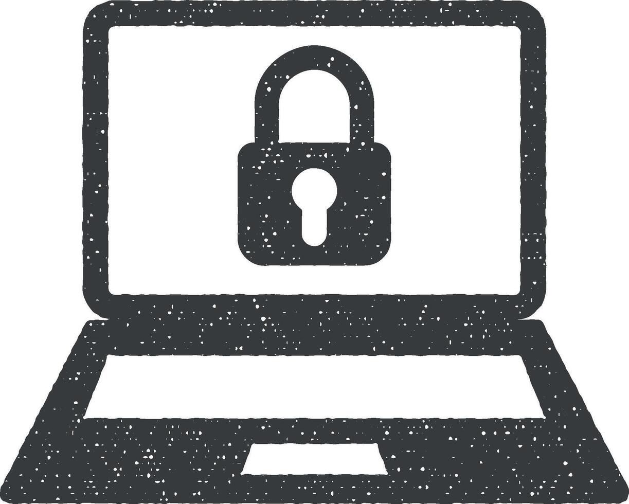Internet security lock, laptop monitor, privacy lock, system protection, system security vector icon illustration with stamp effect