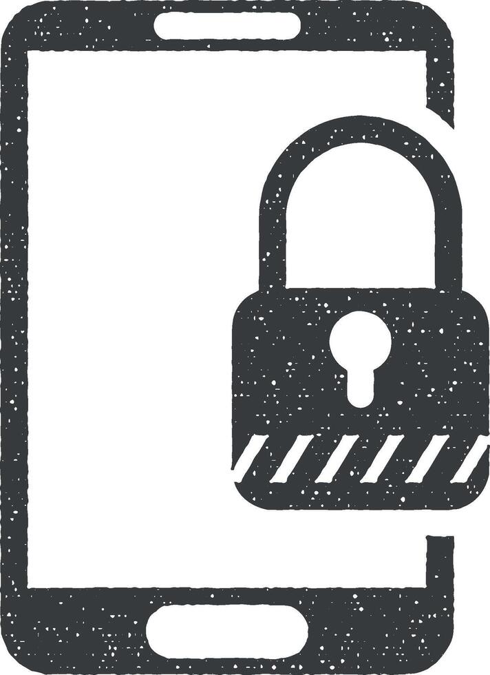 Data access safety, locked padlock, mobile lock, secured mobile phone, security lock vector icon illustration with stamp effect