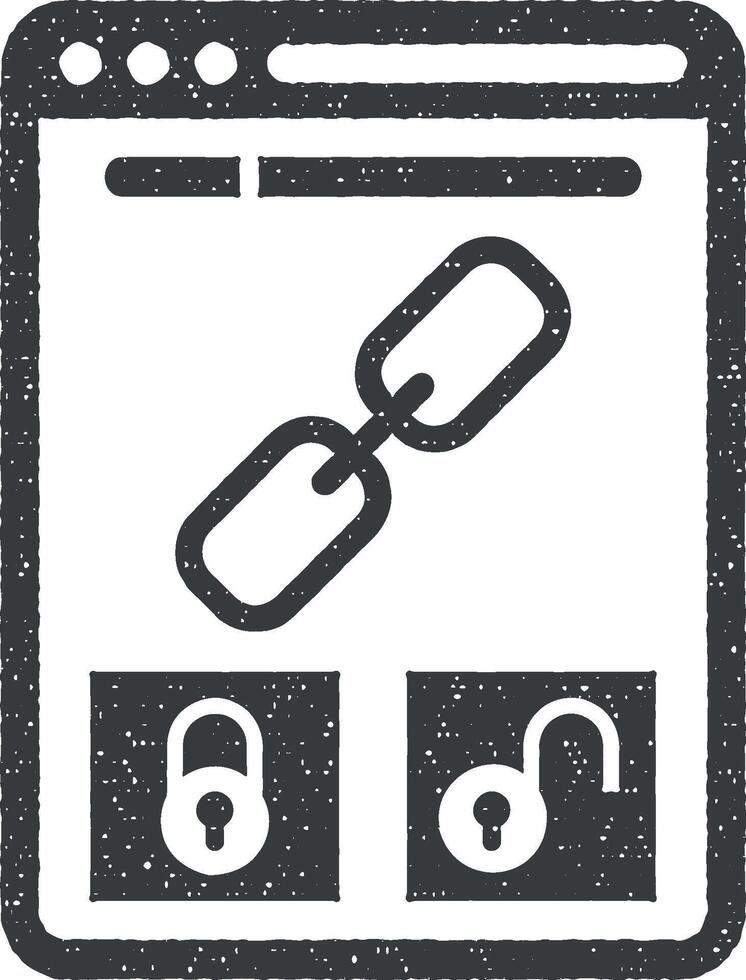 Bad backlink, broken connection, negative seo, spammers, web protection vector icon illustration with stamp effect