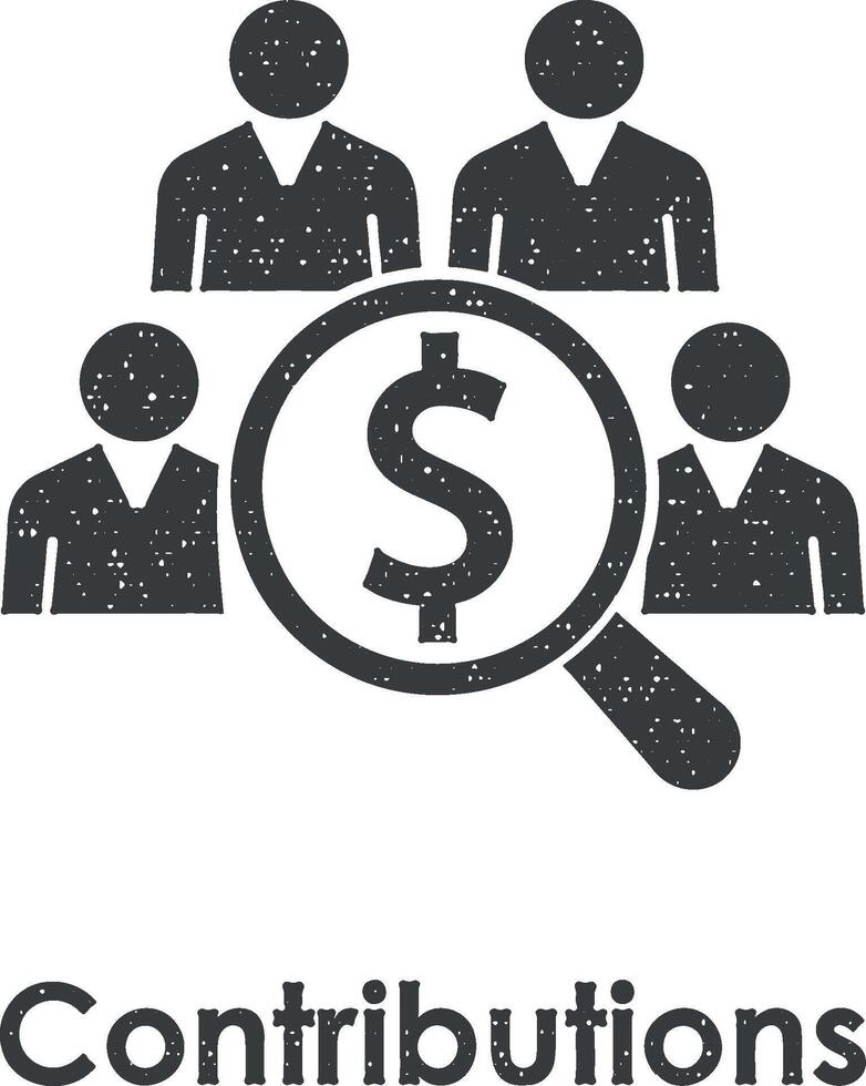 trabajadores, lupa, dólar, contribuciones vector icono ilustración con sello efecto