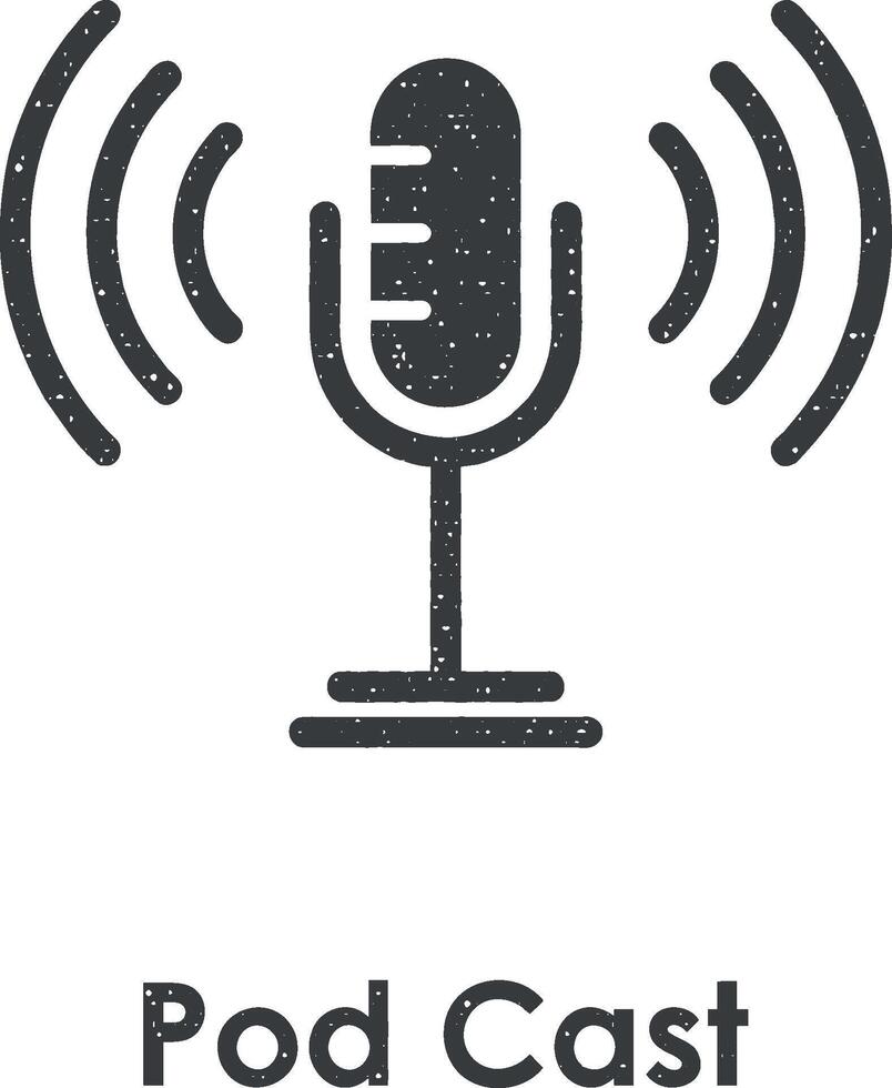 pod cast, microphone, signal vector icon illustration with stamp effect