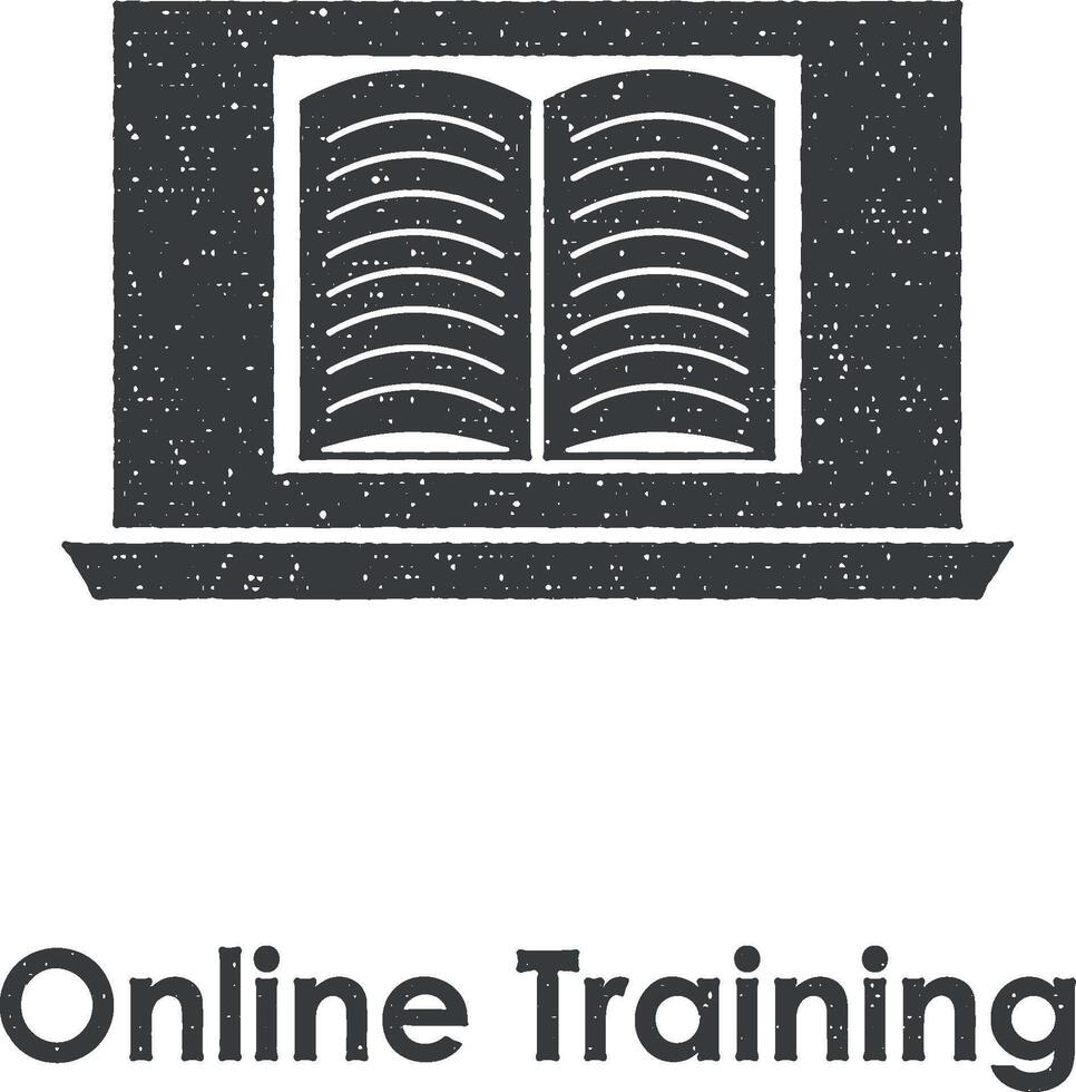 laptop, book, online training vector icon illustration with stamp effect