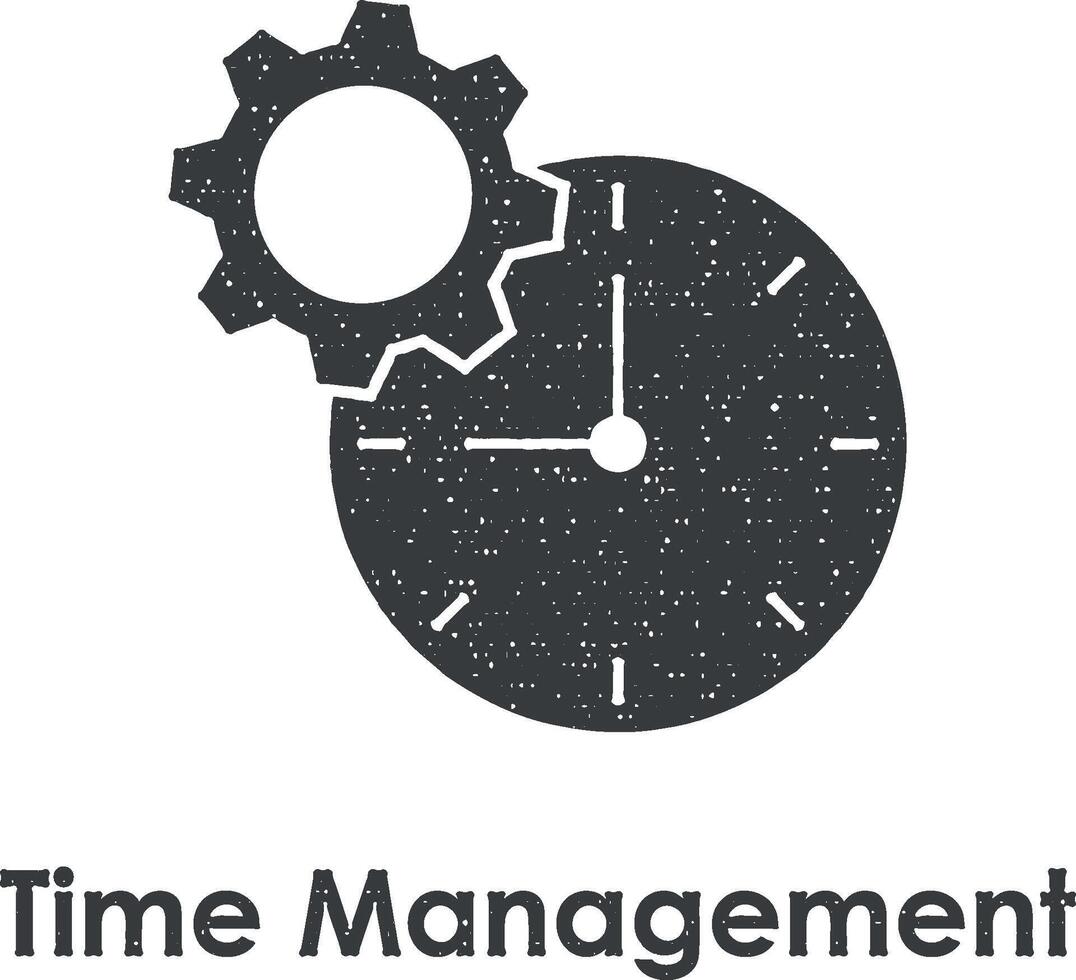 clock, gear, time management vector icon illustration with stamp effect