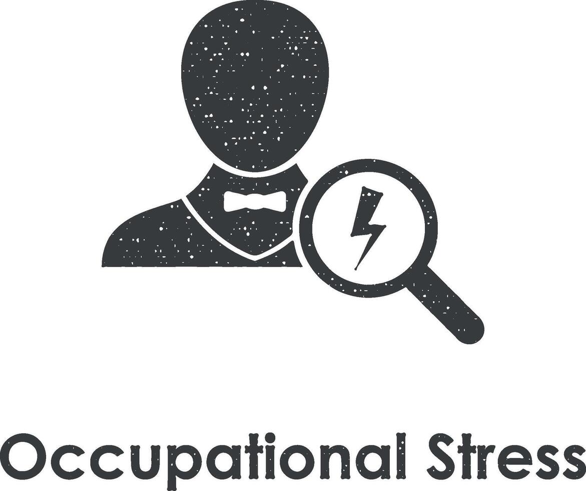 worker, magnifier, lightning, occupational stress vector icon illustration with stamp effect