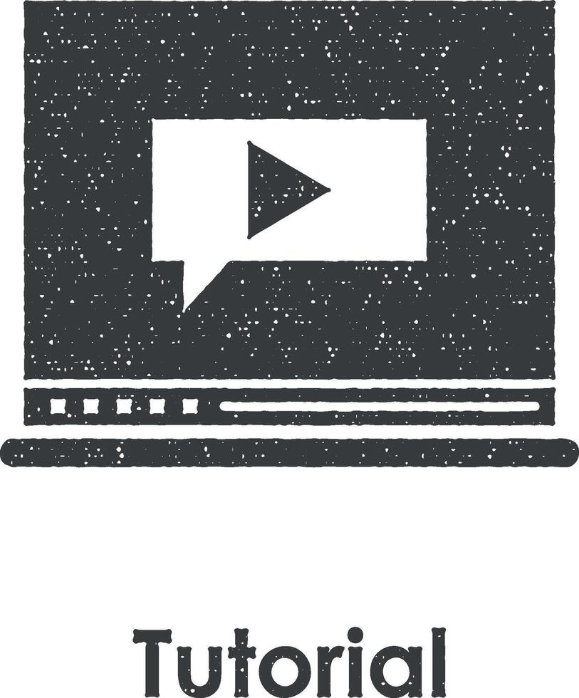 computadora portátil, tutorial, burbuja, vídeo vector icono ilustración con sello efecto