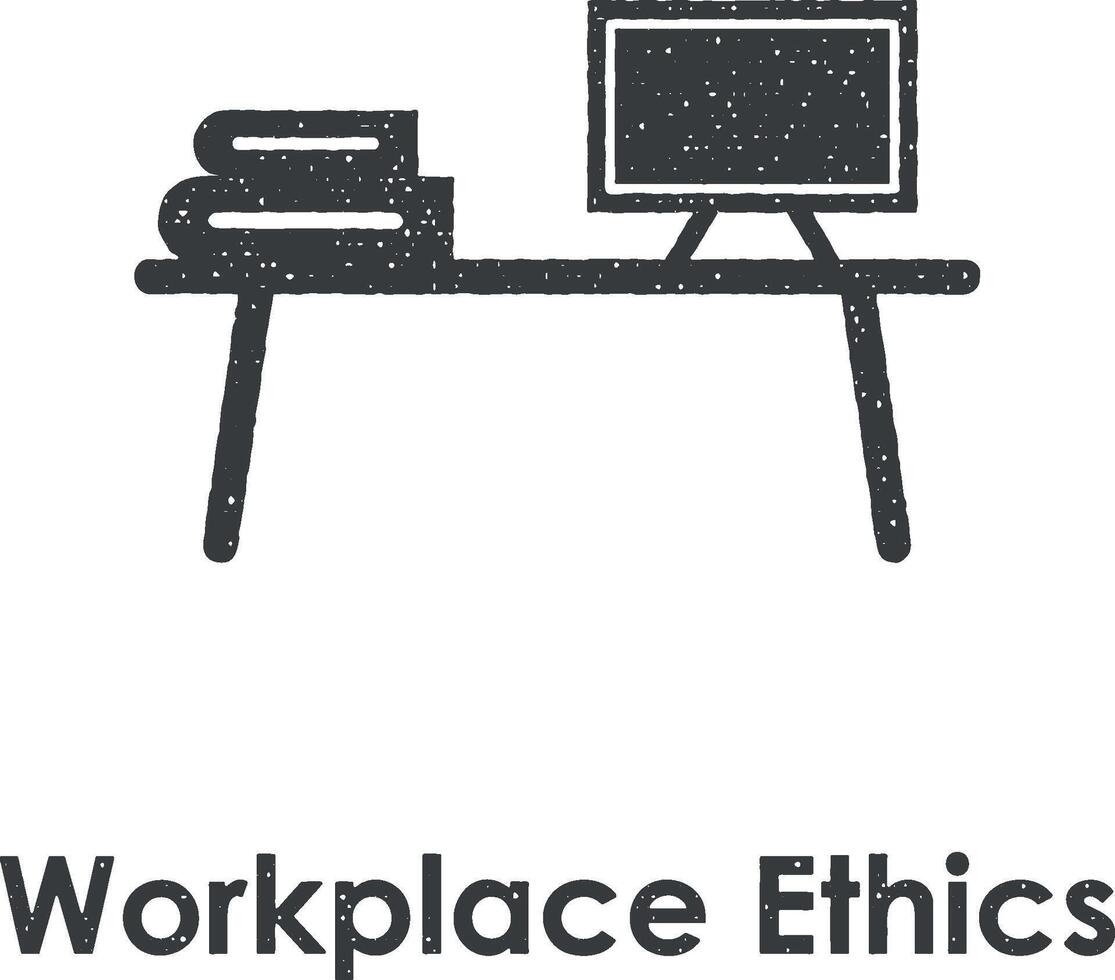 escritorio, libro, ordenador personal, lugar de trabajo ética vector icono ilustración con sello efecto