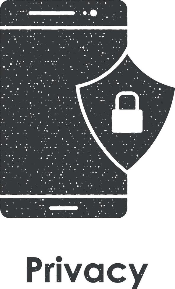 mobile phone, shield, lock, privacy vector icon illustration with stamp effect