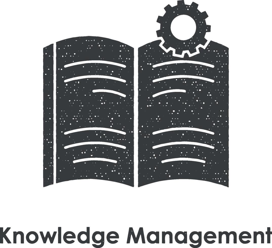 book, gear, knowledge management vector icon illustration with stamp effect