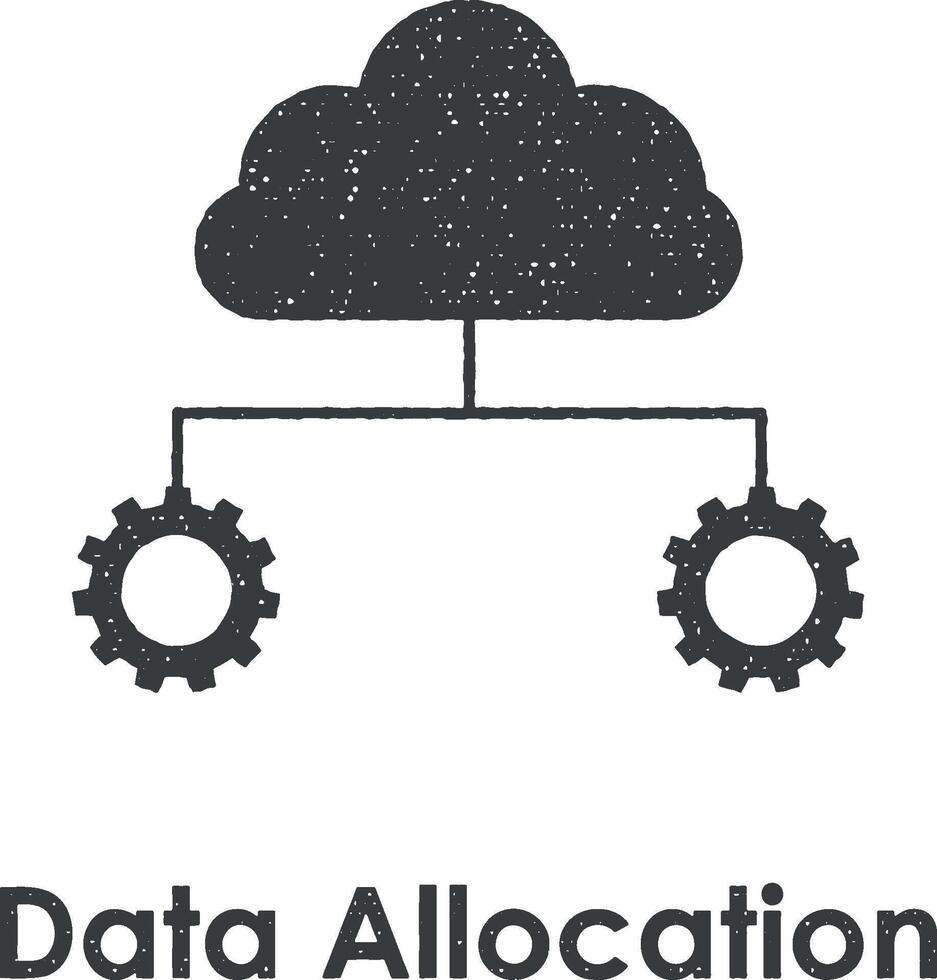 cloud, gears, data allocation vector icon illustration with stamp effect