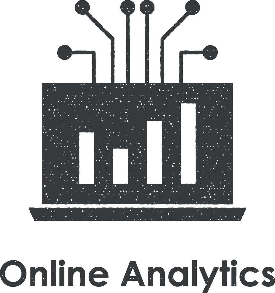 chart, laptop, online analytics vector icon illustration with stamp effect