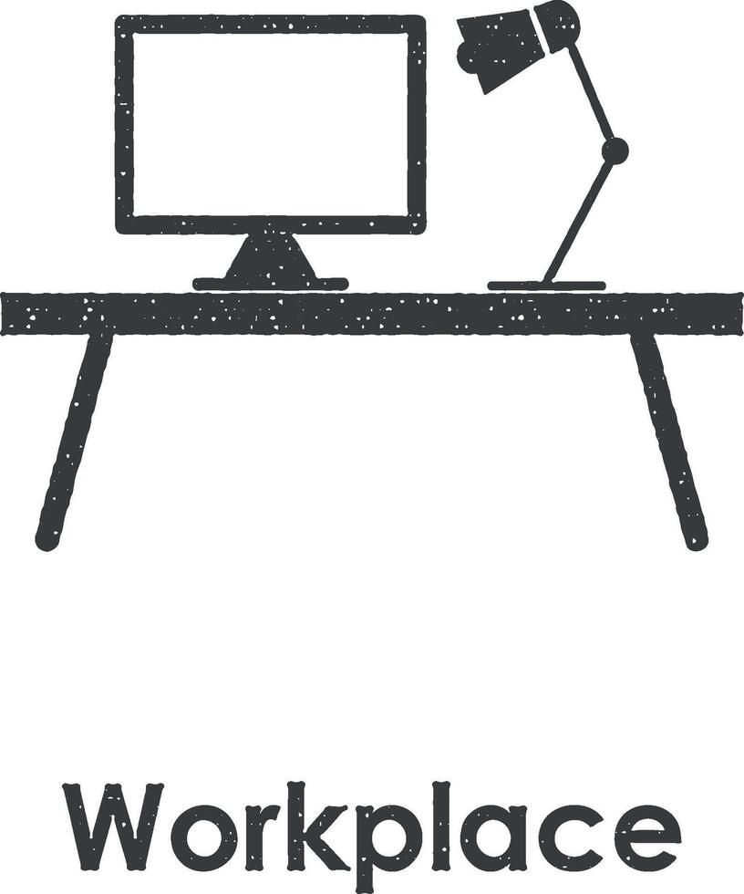 desktop, workplace vector icon illustration with stamp effect