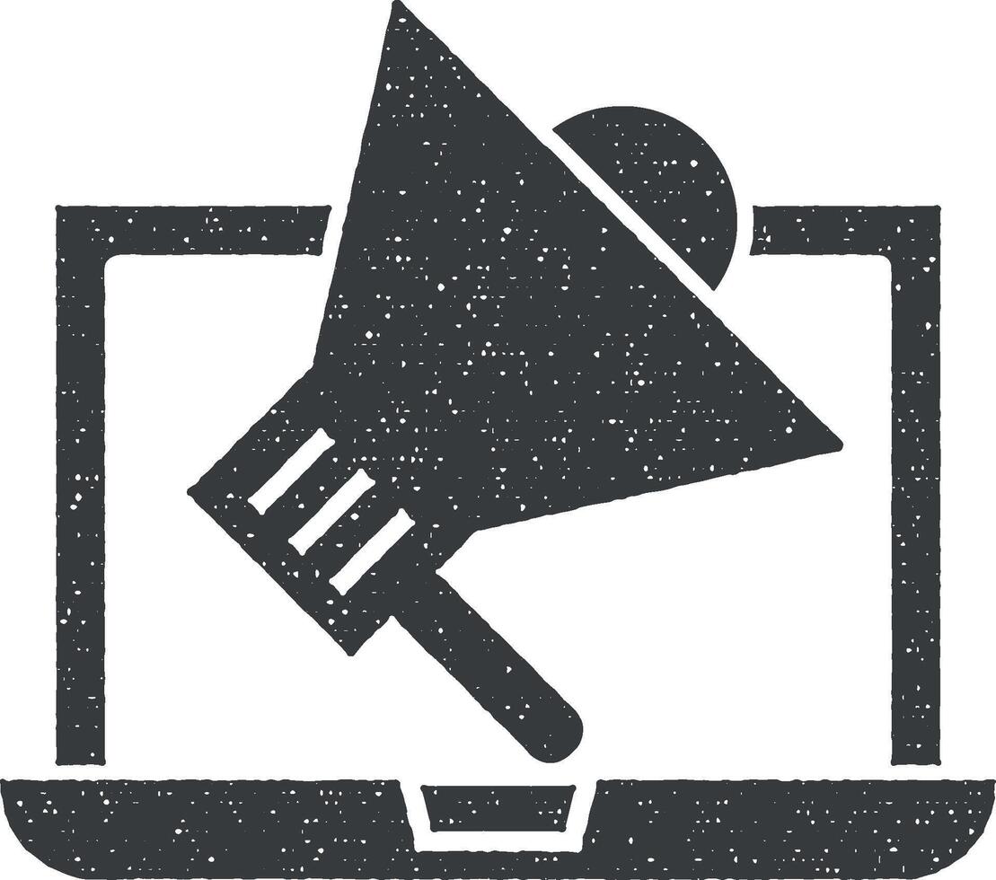 comercio electrónico, megáfono, ordenador portátil vector icono ilustración con sello efecto