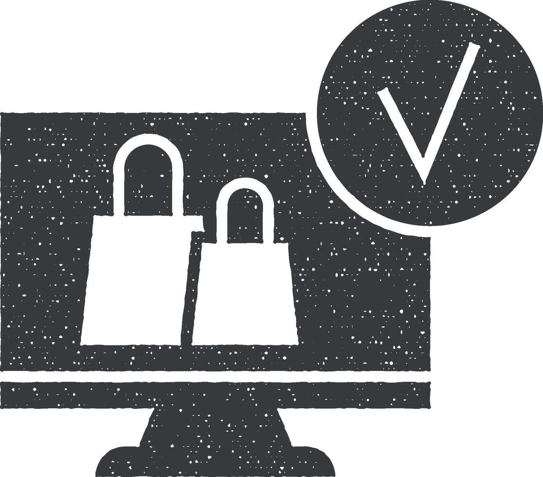 Ecommerce, shopping, computer vector icon illustration with stamp effect