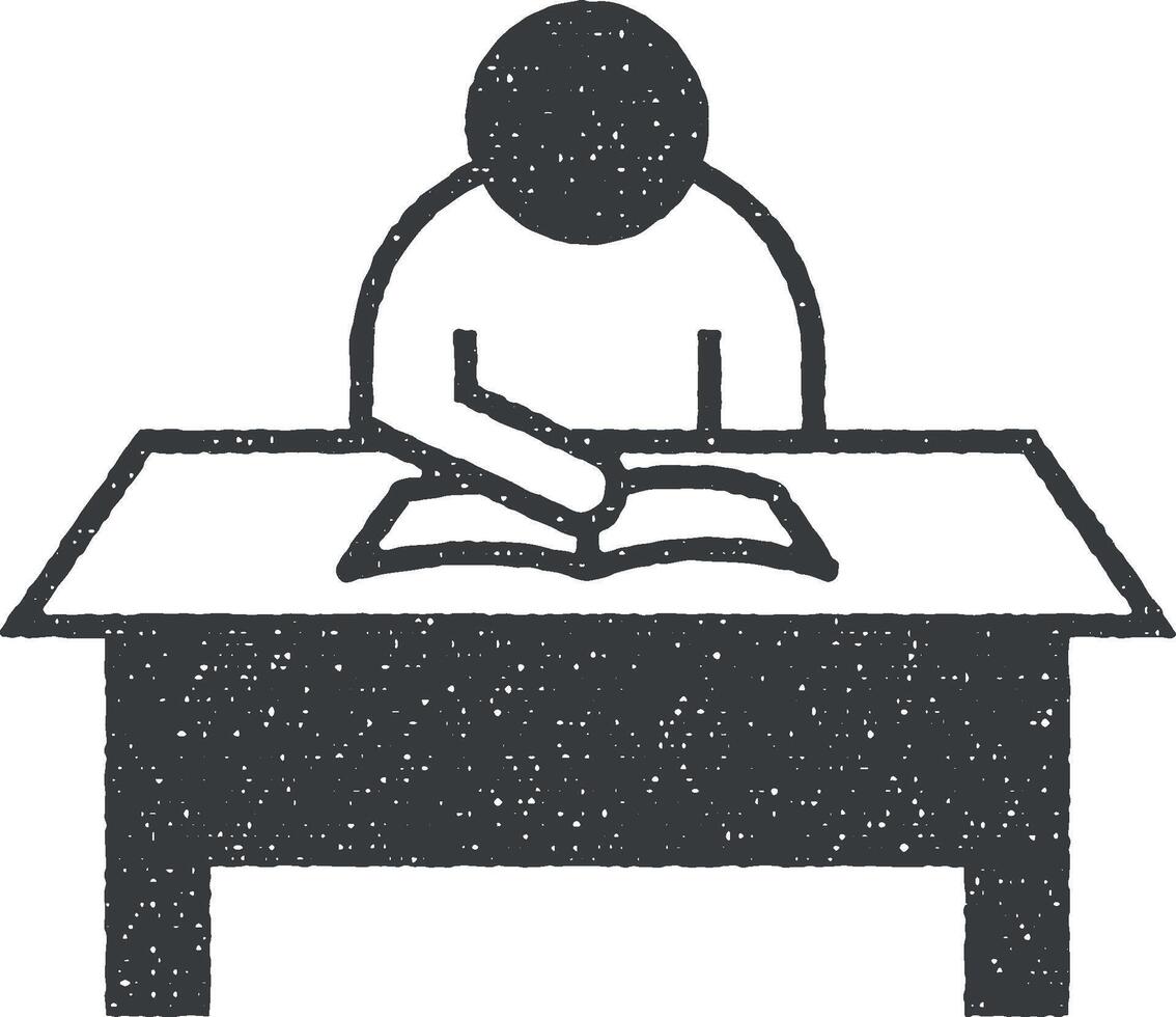 hombre, mesa, libro vector icono ilustración con sello efecto