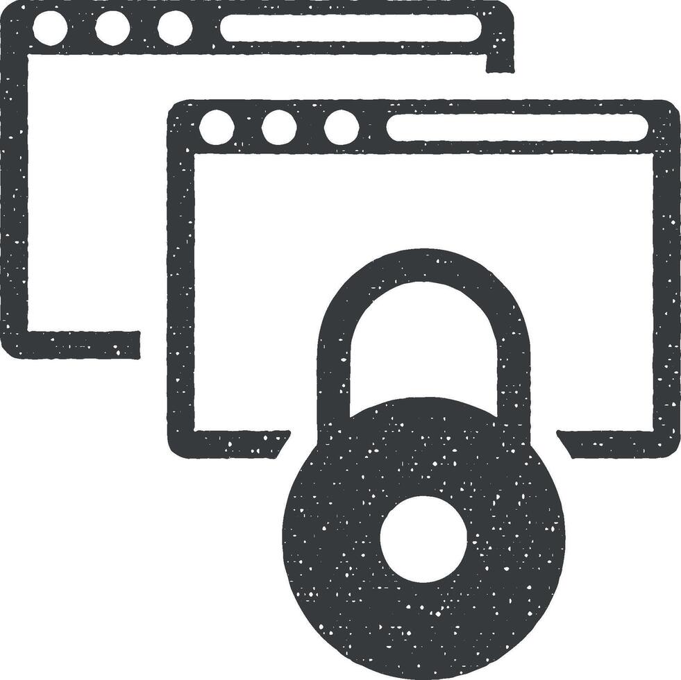 Data encryption, locked website, online security concept, ssl protocol, webpage protection vector icon illustration with stamp effect
