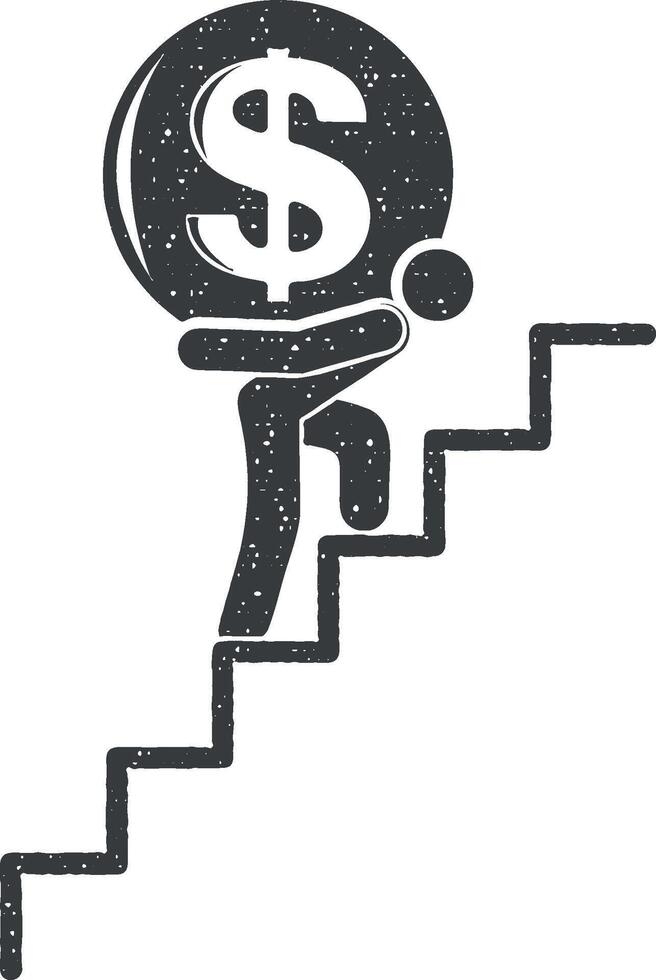 man carries a dollar coin on the stairs vector icon illustration with stamp effect