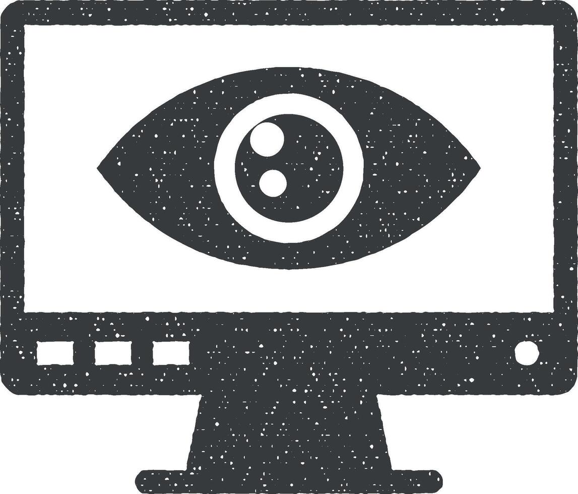 Computer monitor, digital scan, online protection, online system protection, security scanner vector icon illustration with stamp effect