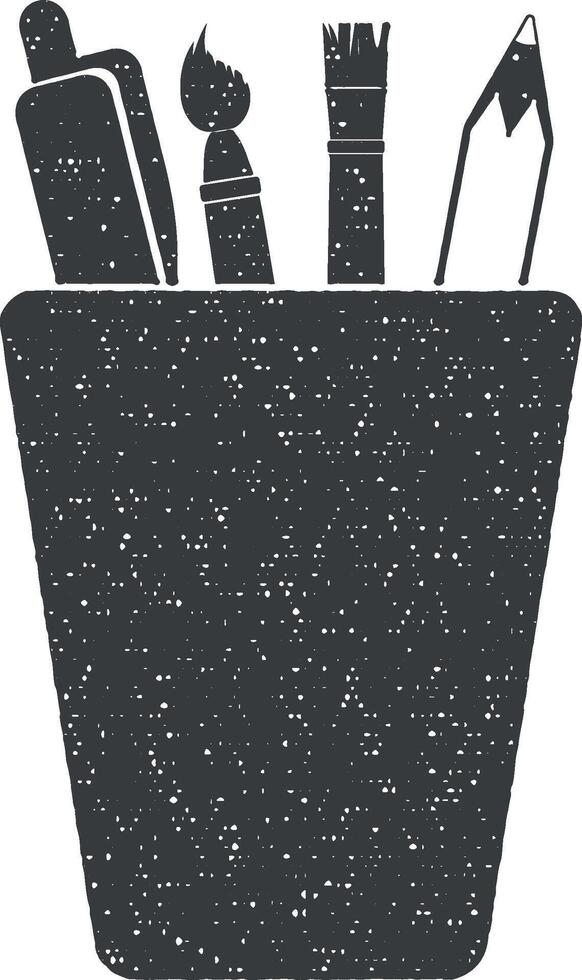 desktop pencil case with pencils vector icon illustration with stamp effect