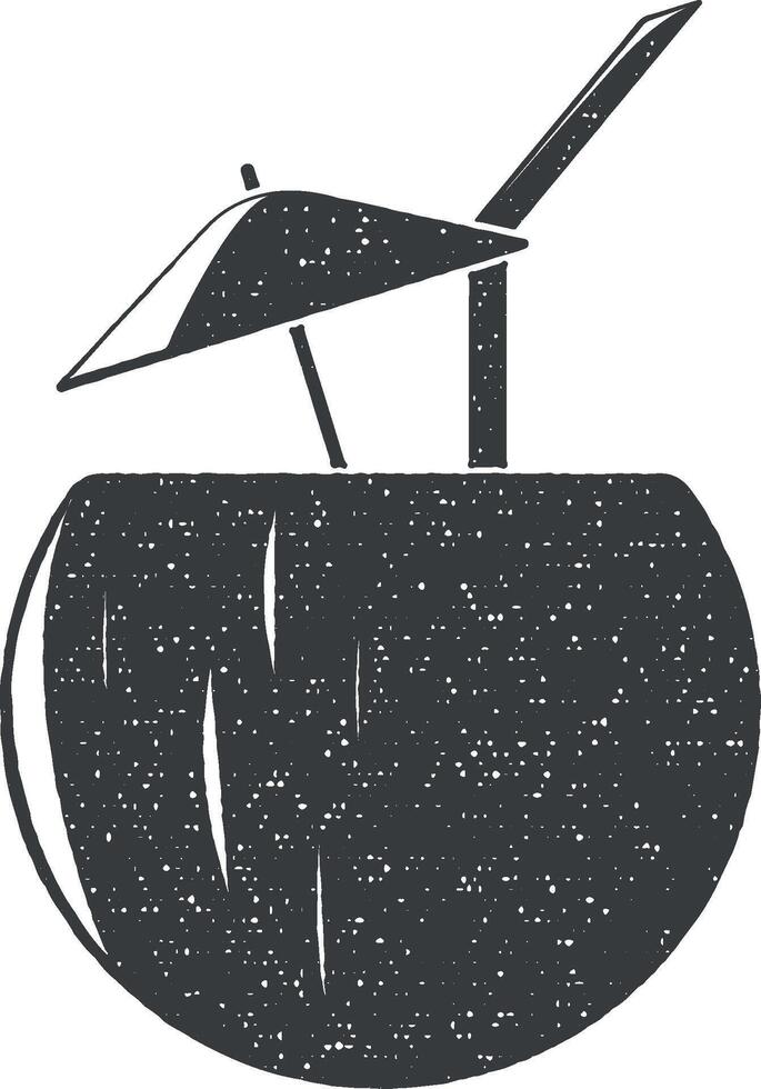 tropical cocktail in coconut vector icon illustration with stamp effect