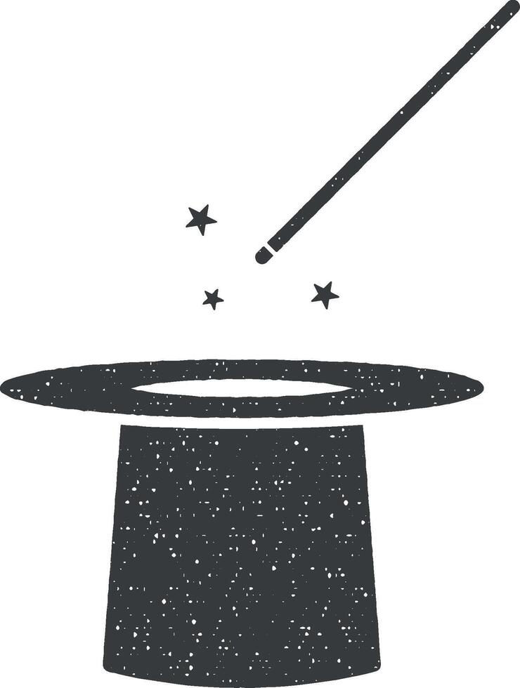 magic stick and hat glyph style vector icon illustration with stamp effect