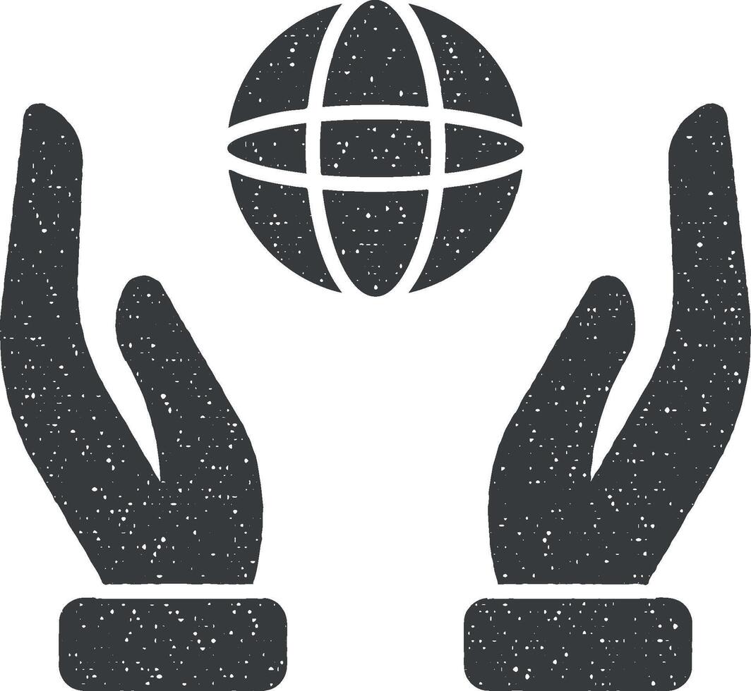 Hands, earth, planet vector icon illustration with stamp effect