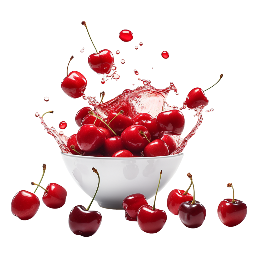 AI generated Flying cherries splashing in water isolated on transparent background png