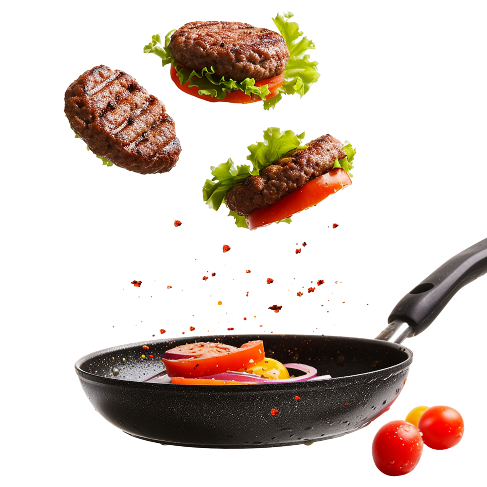 AI generated Homemade burger flying in a frying pan isolated on transparent background png