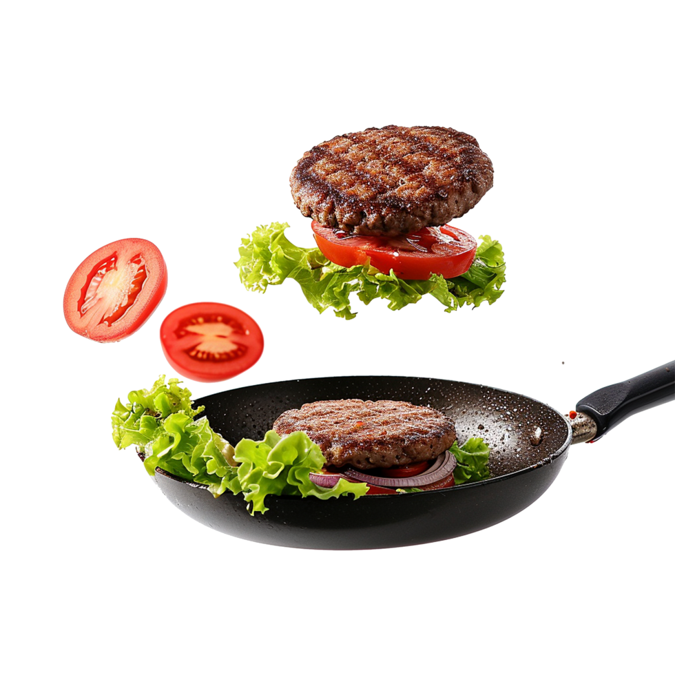 ai generiert hausgemacht Burger fliegend im ein braten schwenken isoliert auf transparent Hintergrund png