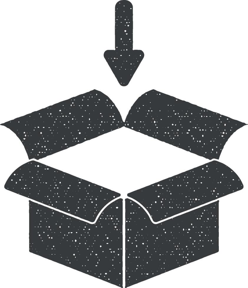 Open box and down arrow vector icon illustration with stamp effect