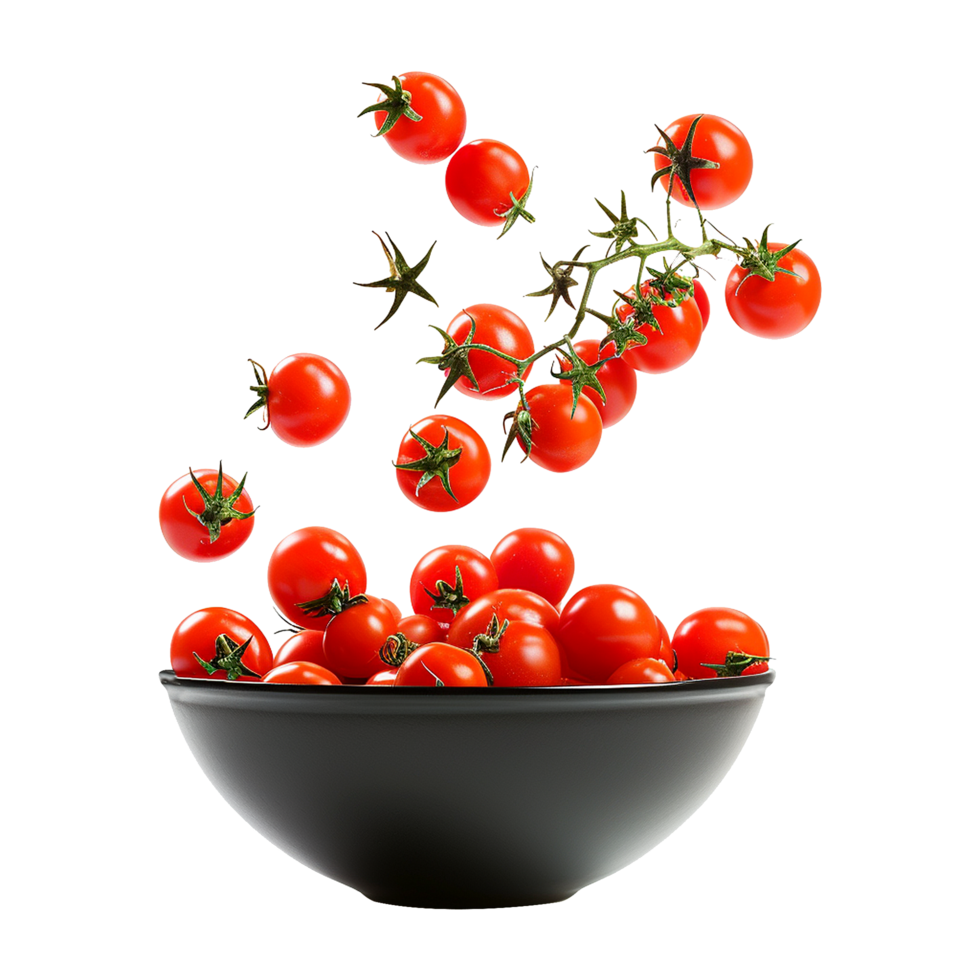 AI generated Fresh tomatoes flying in bowl isolated on transparent background png