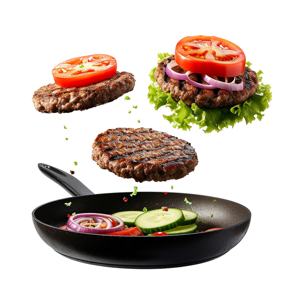 ai gegenereerd eigengemaakt hamburger vliegend in een frituren pan geïsoleerd Aan transparant achtergrond png